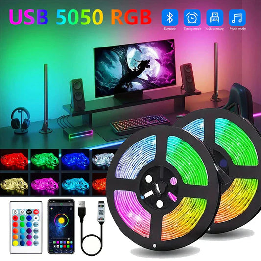 5M LED Strip Light โ 5050 RGB Color Changing USB Strip with 24-Key Remote for Gaming Rooms & TV Backlight
