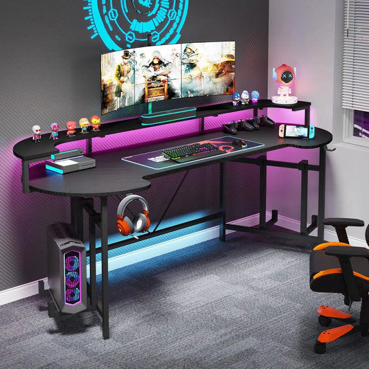 75-Inch Gaming Desk โ Large Computer Desk with Monitor Shelf & RGB LED Lights for Bedroom or Home Office