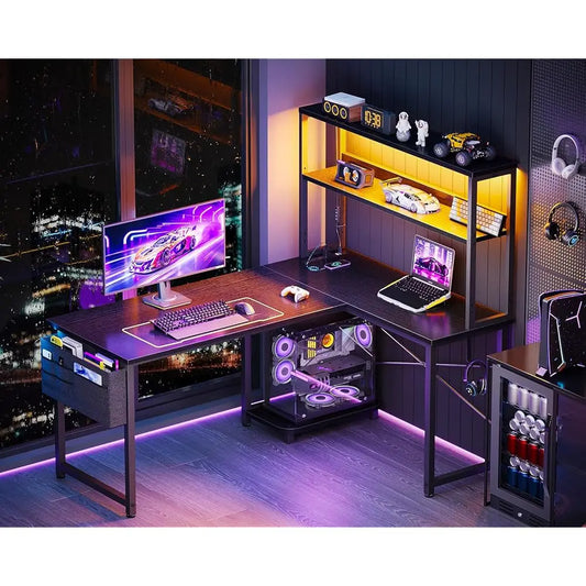 43" L-Shaped Gaming Desk – Reversible Corner Desk with LED Lighting, Power Outlets & Storage Shelves