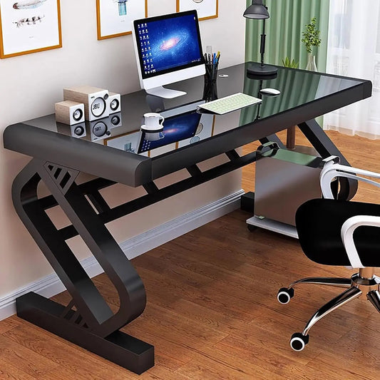 Tempered Glass Computer Desk – Modern Office Desk with Glass Top & Z-Shaped Metal Frame